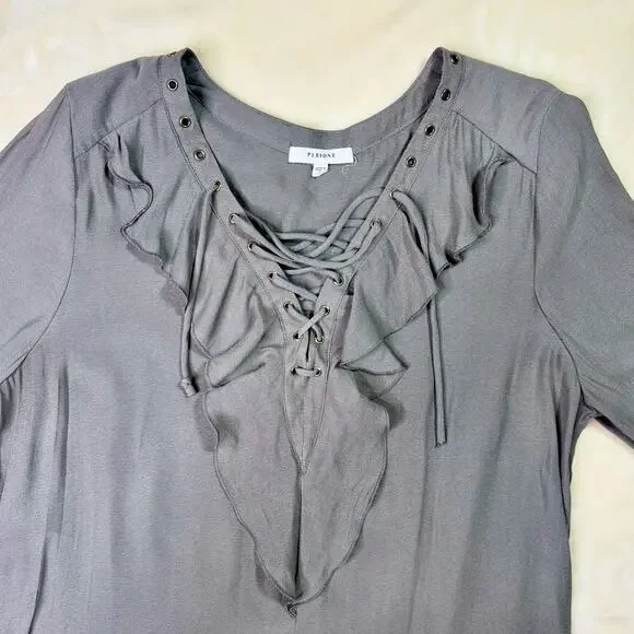 Pleione Ruffled Tied Tunic Blouse Gray Women’s Small Regency Shirttail Hem - Picture 4 of 16